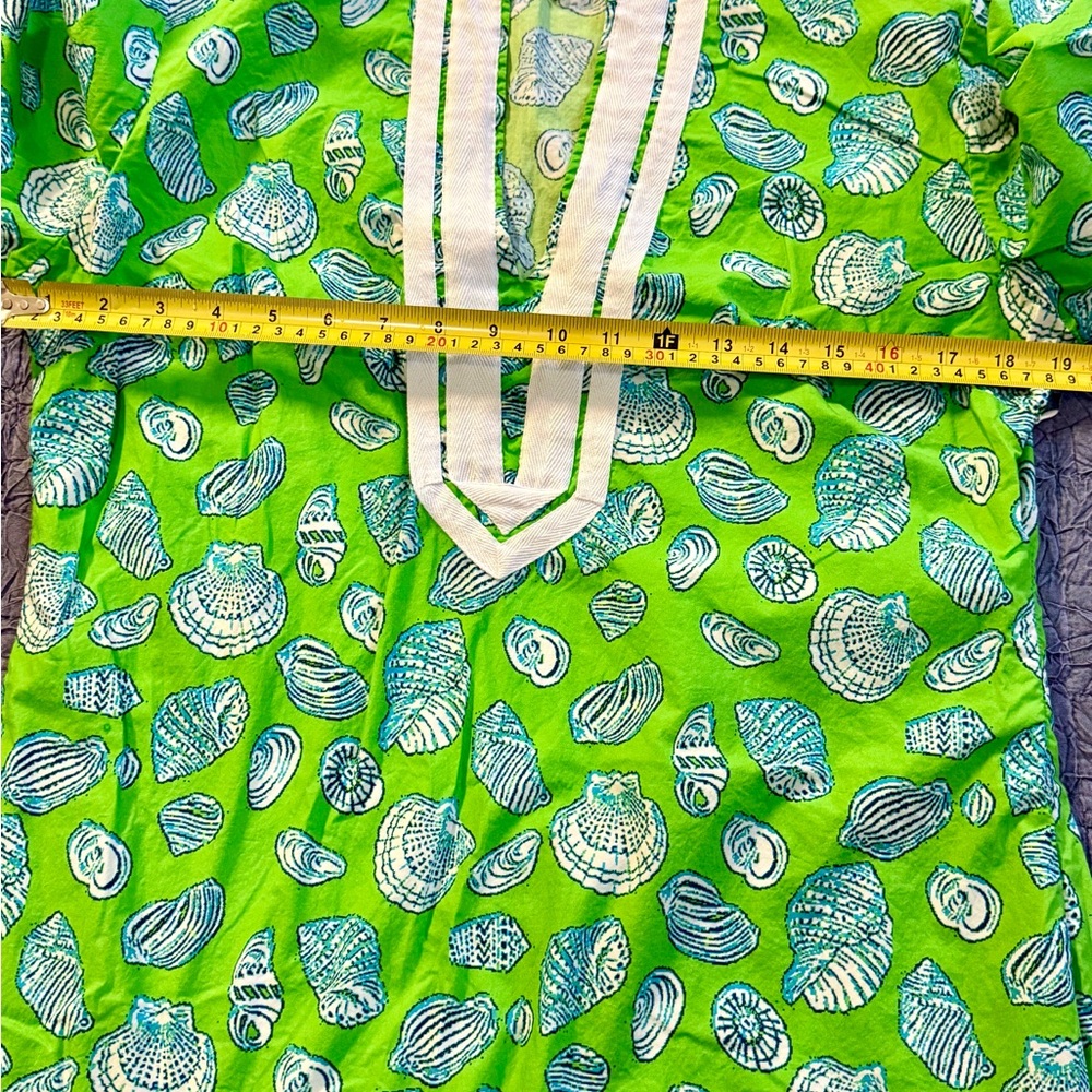 Vtg Lauren Gold Tunic Dress Lime Green Seashell Print Cotton Resort Beach Sz 10 - Picture 11 of 12